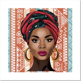 Beautiful African Woman on Tribal Background 3 Posters and Art